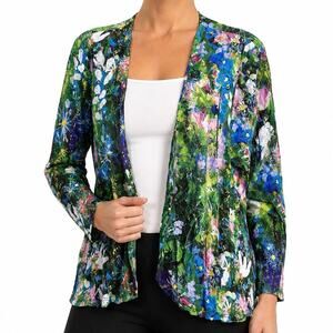 Shana Sz Medium Green Tropical Floral Crinkle Wearable Art Blouse Shirt Top